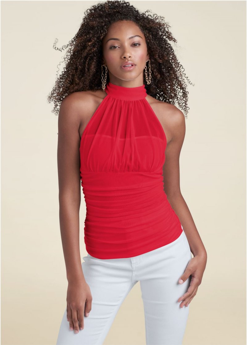 Venus Mesh Mock-Neck Top in Red