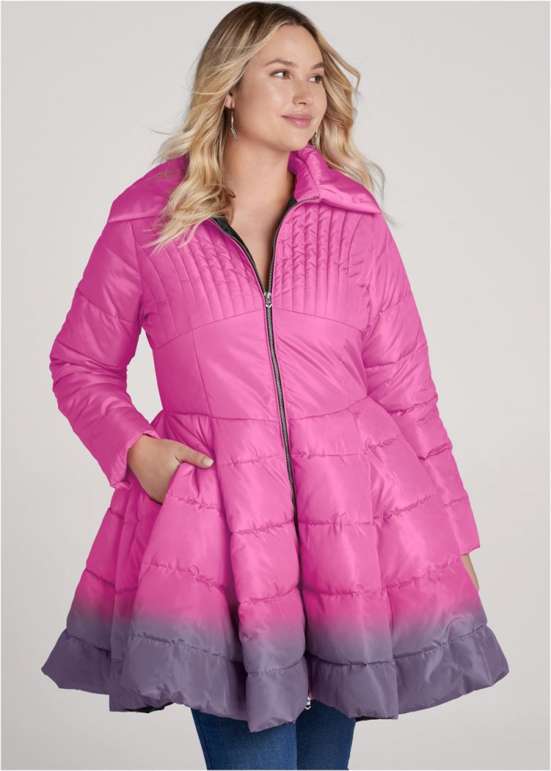 Venus Ombre Peplum Puffer Coat in Pink Multi