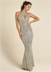 Venus Sequin Keyhole Gown - Champagne