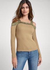 Venus Sequin Cold Shoulder Top in Light Brown