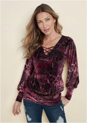 Venus Burnout Velvet Top in Burgundy & Black