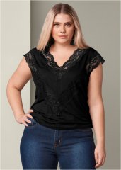 Venus Plus Size Lace Inset V-Neck Top