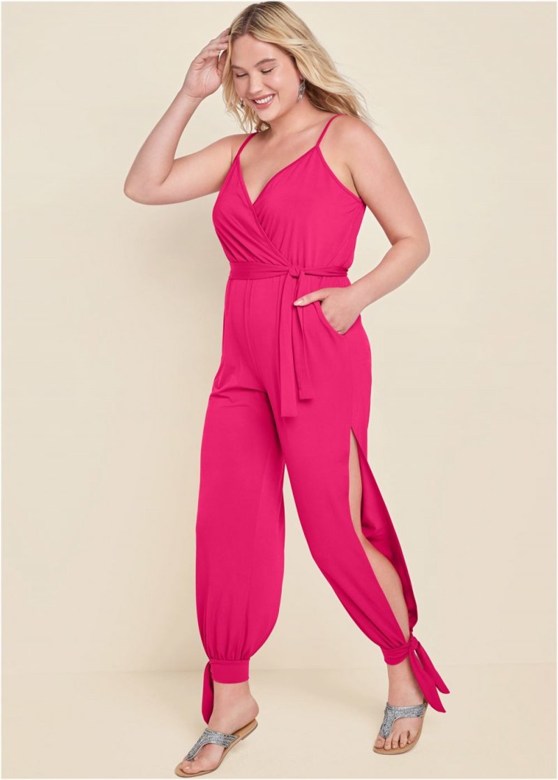 Venus Plus Size Slit Leg Casual Jumpsuit in Fuchsia