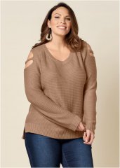 Venus Plus Size Cutout Sleeve Sweater in Light Brown