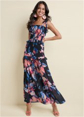 Venus Smocked Floral Print Dress - Black Multi