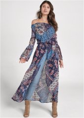 Venus Off-The-Shoulder Maxi Top in Navy Multi