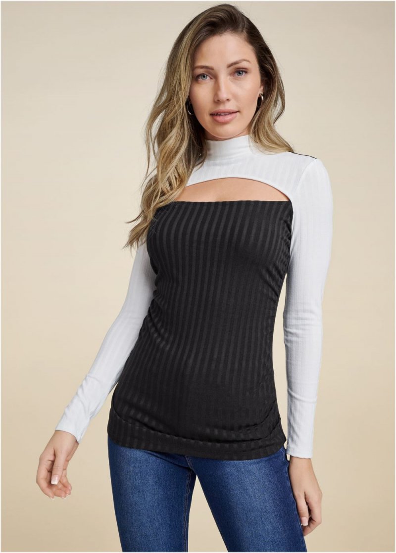 Venus Color Block Mock Neck Top in Black & White