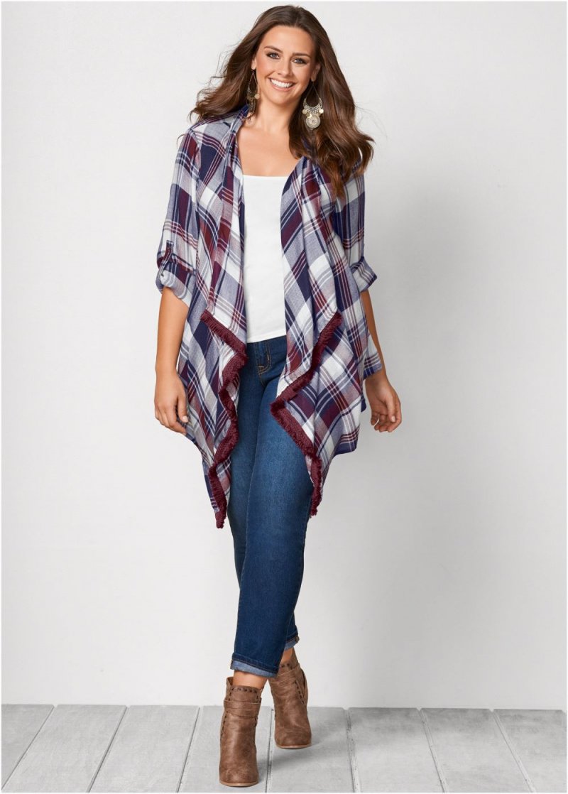 Venus Plus Size Plaid And Fringe Cardigan