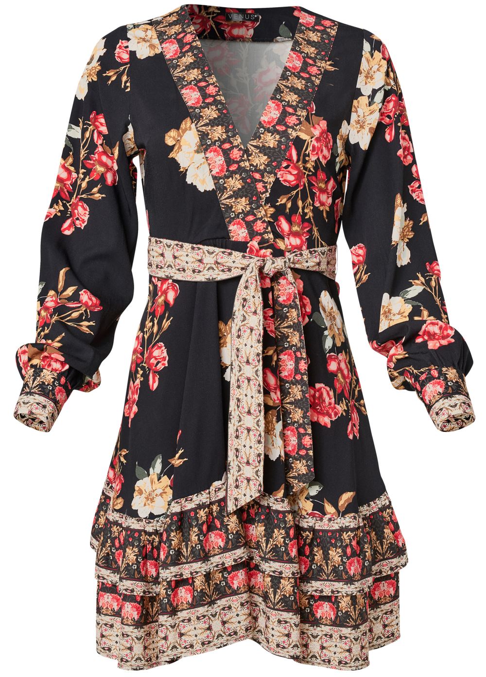 Venus Floral Print Mini Dress - Black Multi