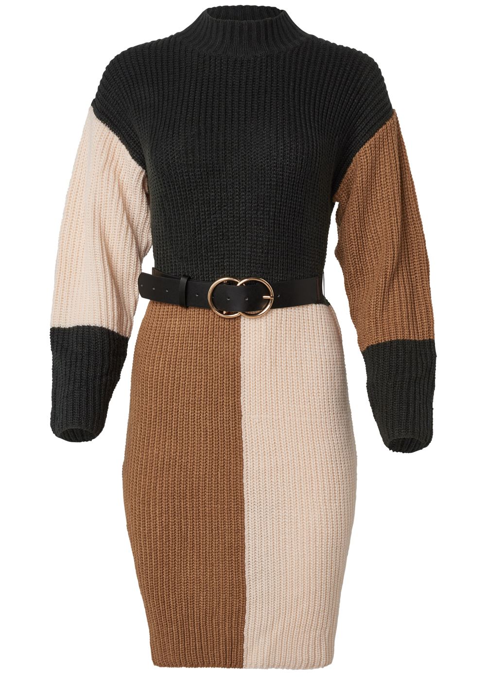 Venus Belted Color Block Sweater Dress - Black Multi