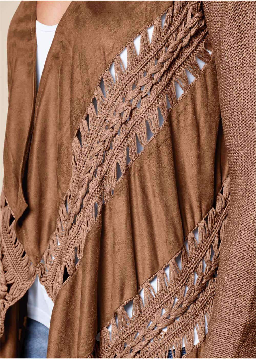 Venus VENUS | Faux-Suede Fringe Cardigan in Raw Umber