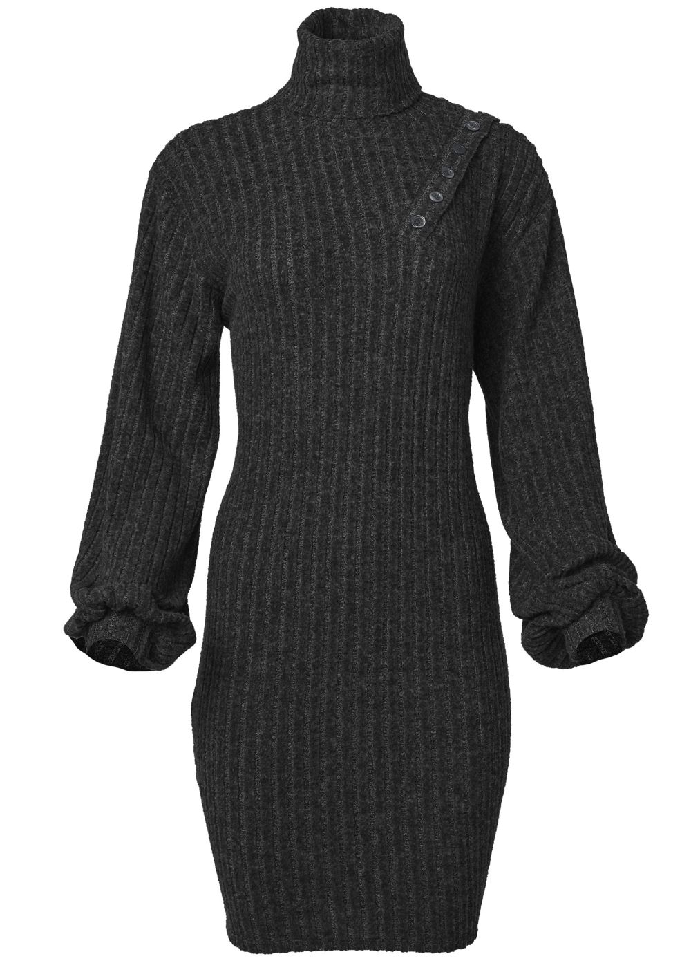 Venus Ribbed Hacci Button Dress in Black