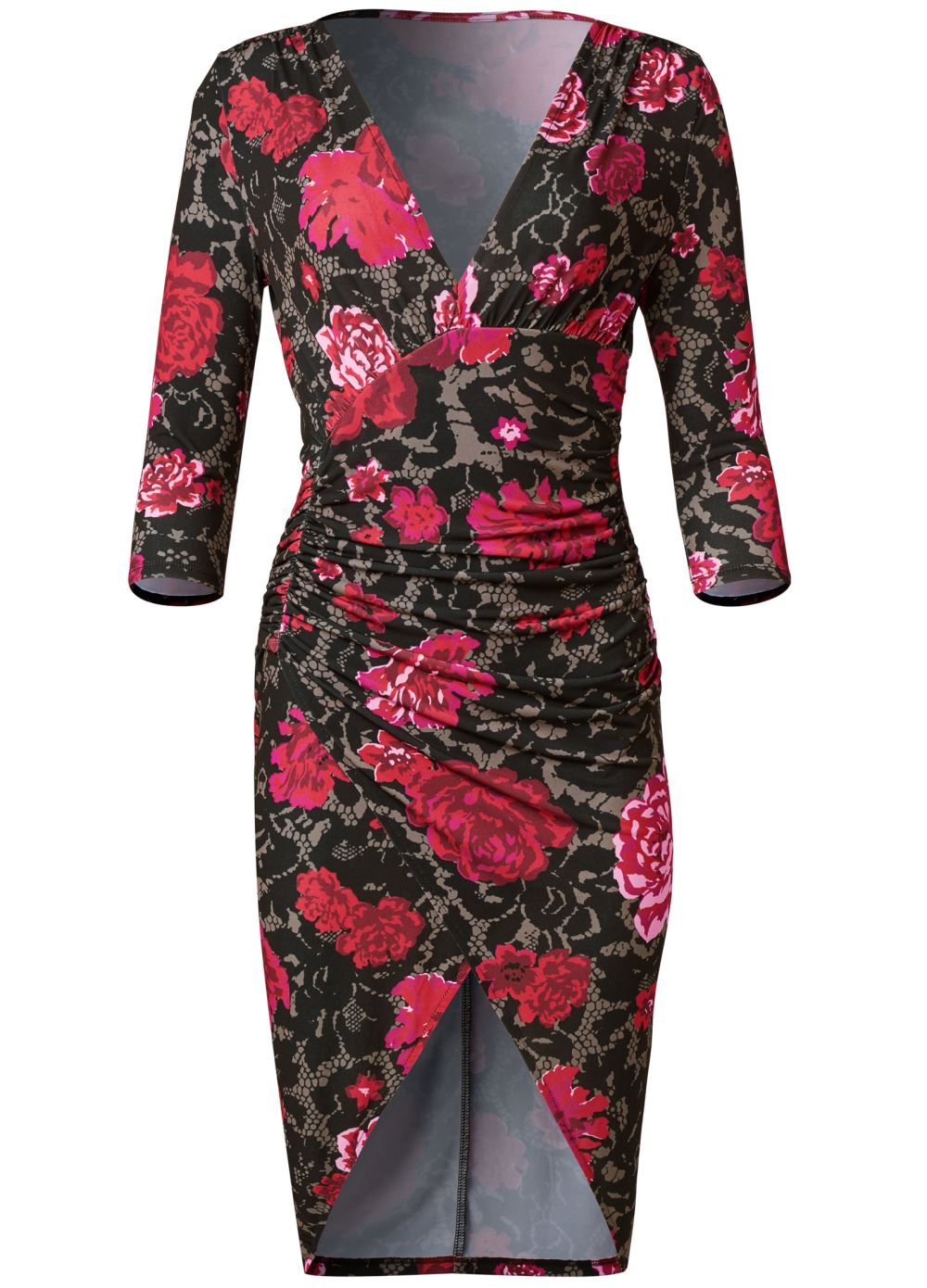 Venus Ruched Bodycon Midi Dress - Red Multi