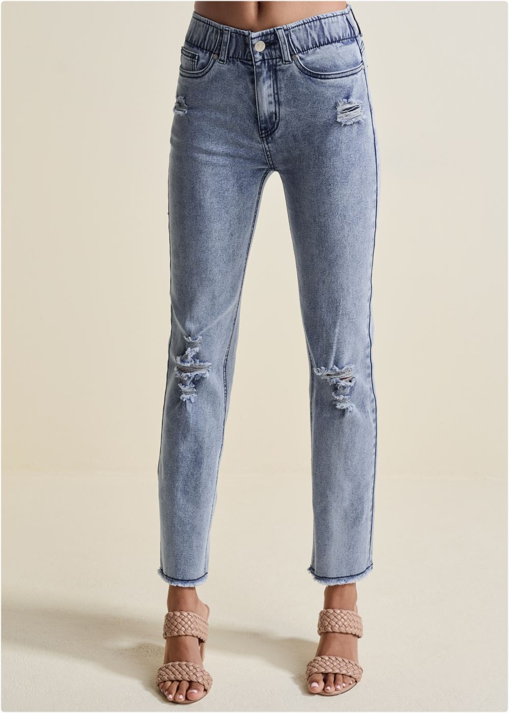 Venus Elastic Waist Straight Jeans in Acid Wash