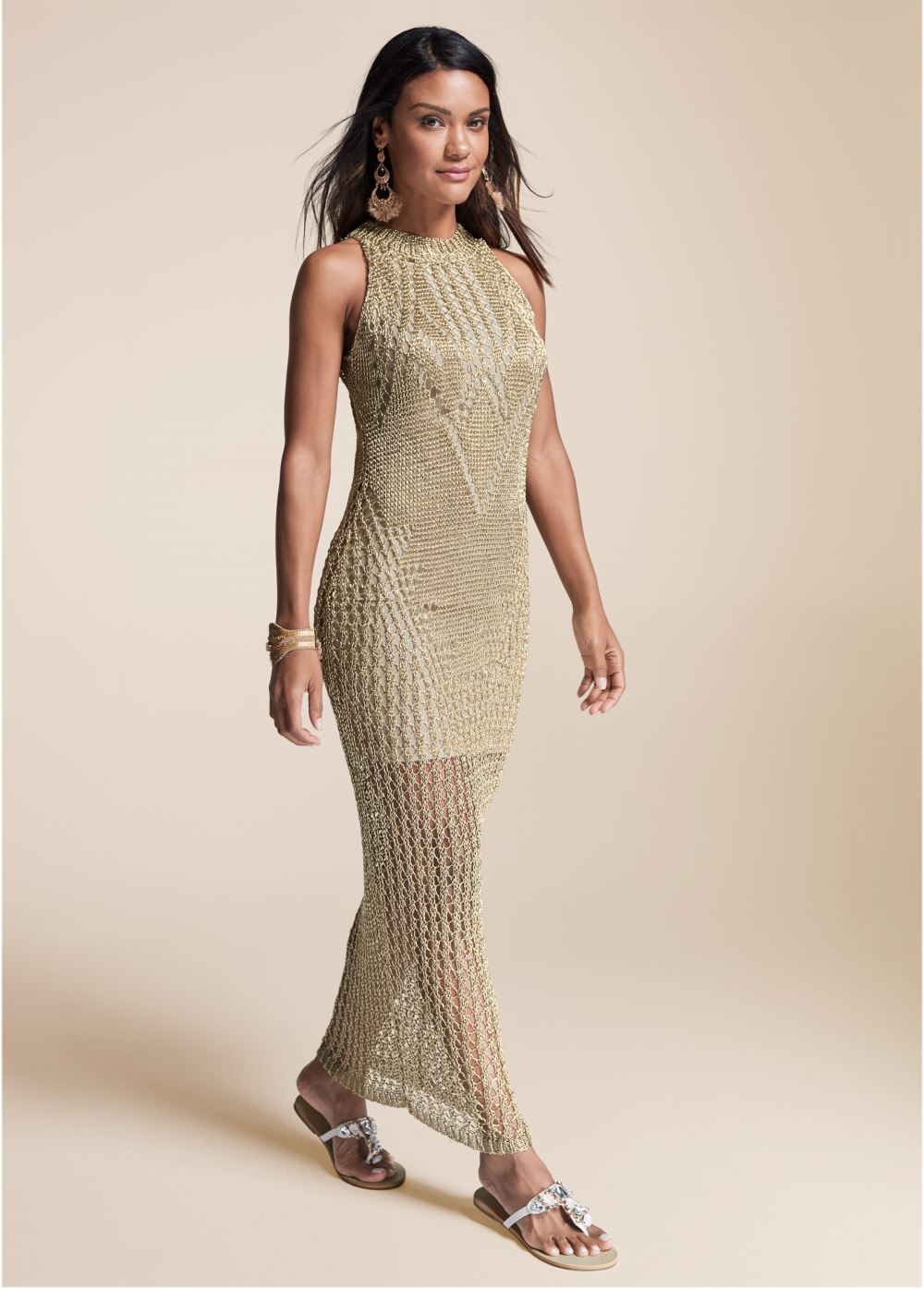 Venus Metallic Crochet Dress - Gold