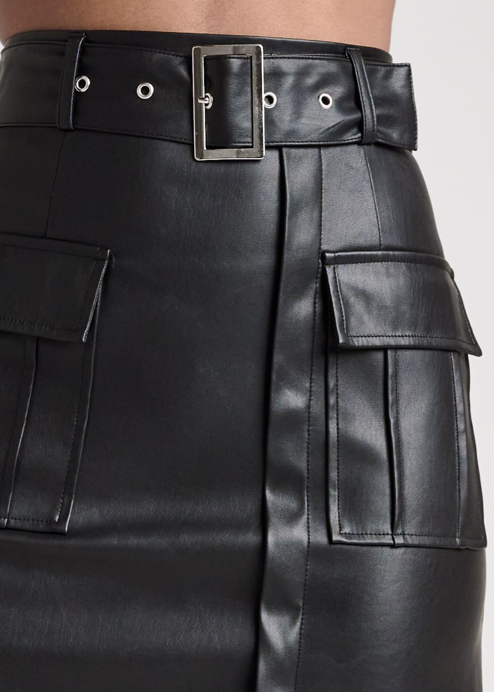 Venus Black BELTED LACE FAUX LEATHER SKIRT