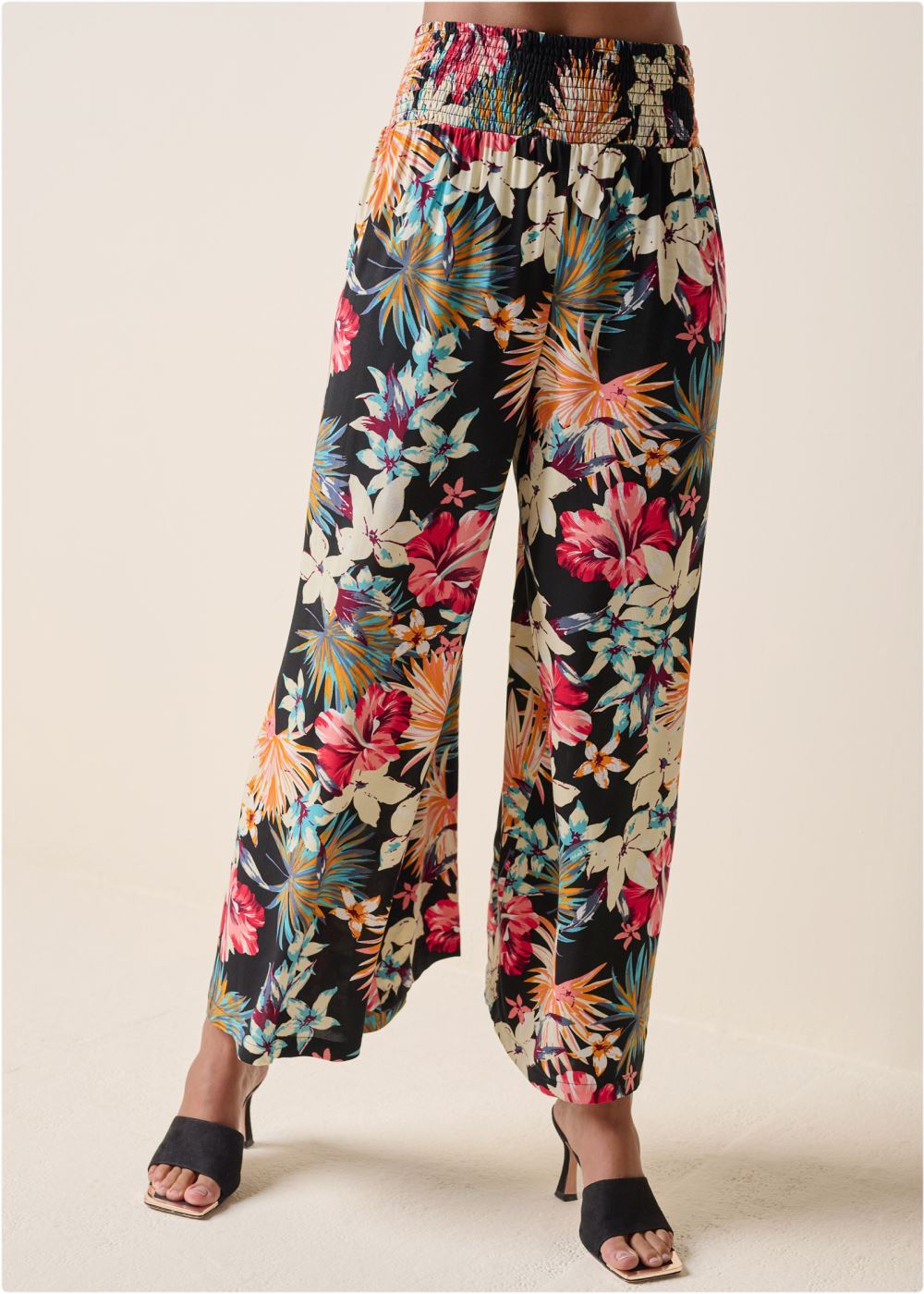 Venus Smocked Waist Flared Pants in Black Multi