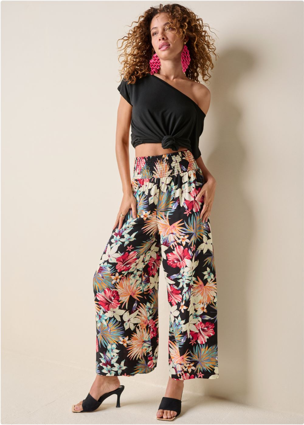 Venus Smocked Waist Flared Pants in Black Multi