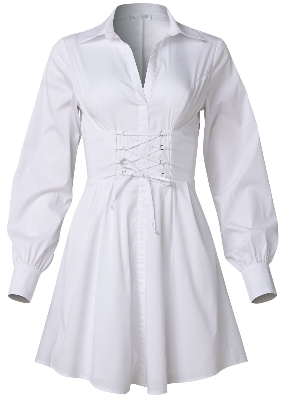 Venus Corset Waist Shirt Dress - White