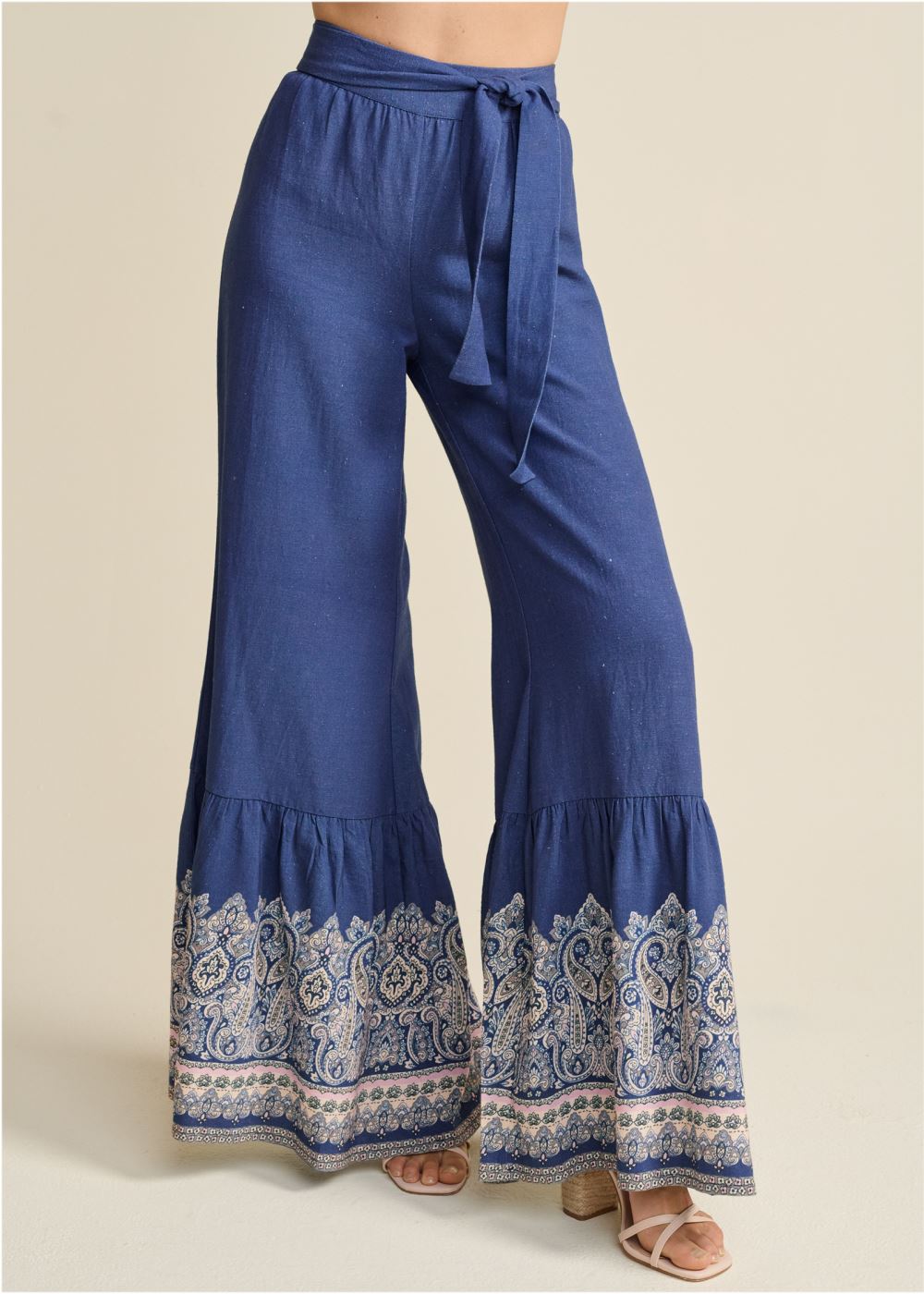 Venus Linen Border Print Pants in Navy Multi