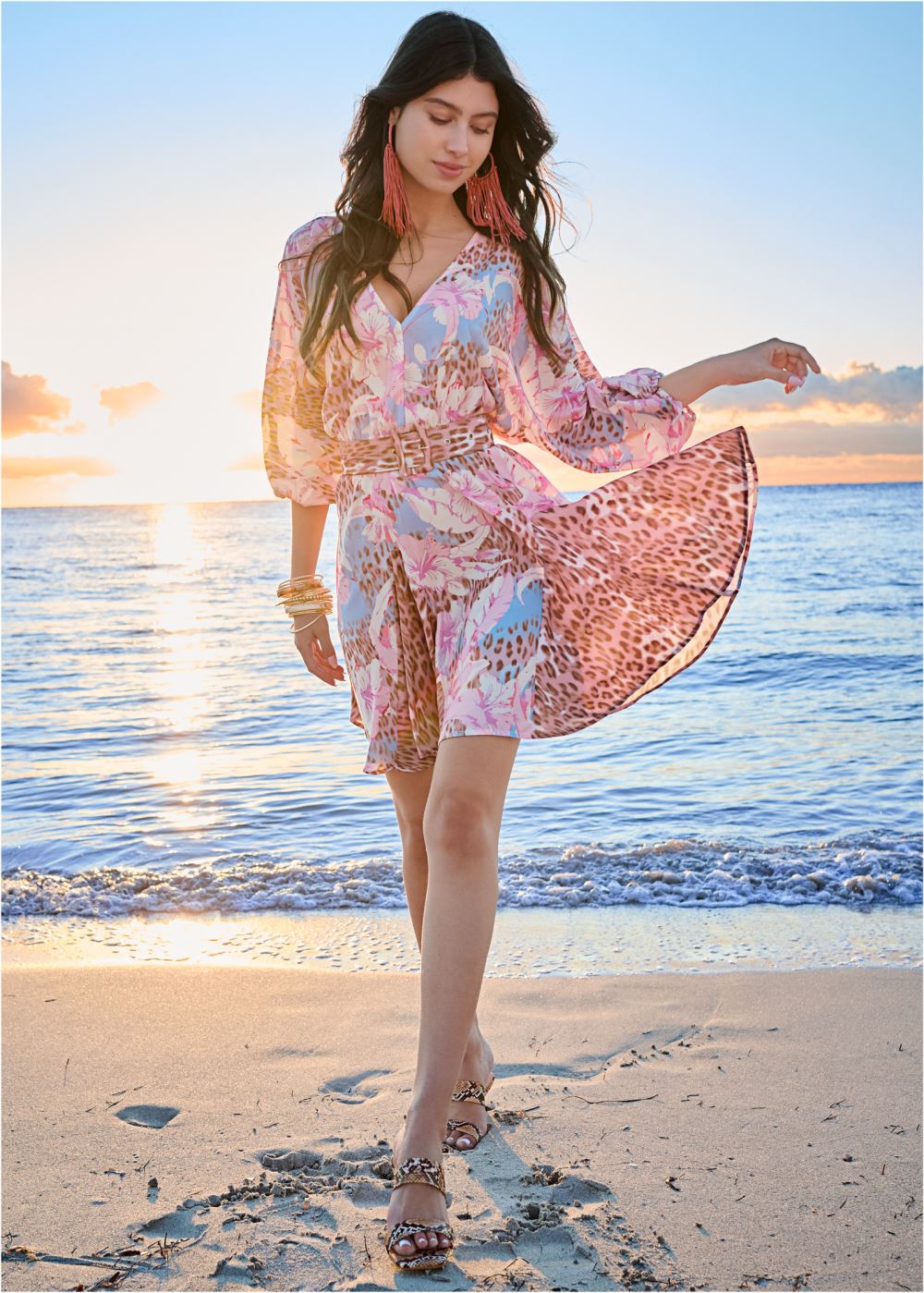 Venus Classic Cheetah And Tropical Floral Dress - Light Blue Multi