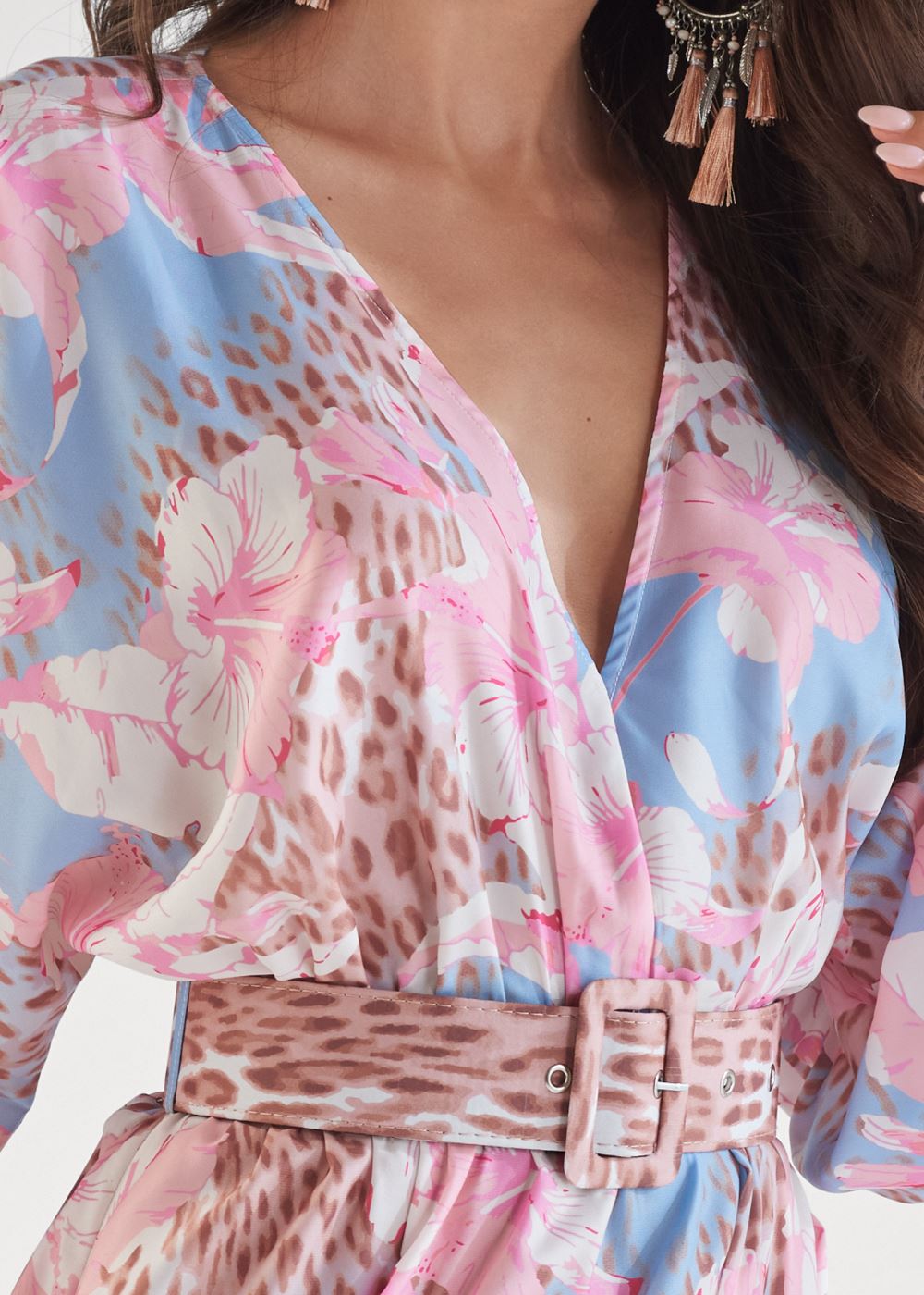 Venus Classic Cheetah And Tropical Floral Dress - Light Blue Multi