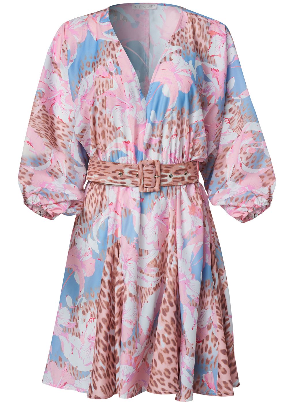 Venus Classic Cheetah And Tropical Floral Dress - Light Blue Multi