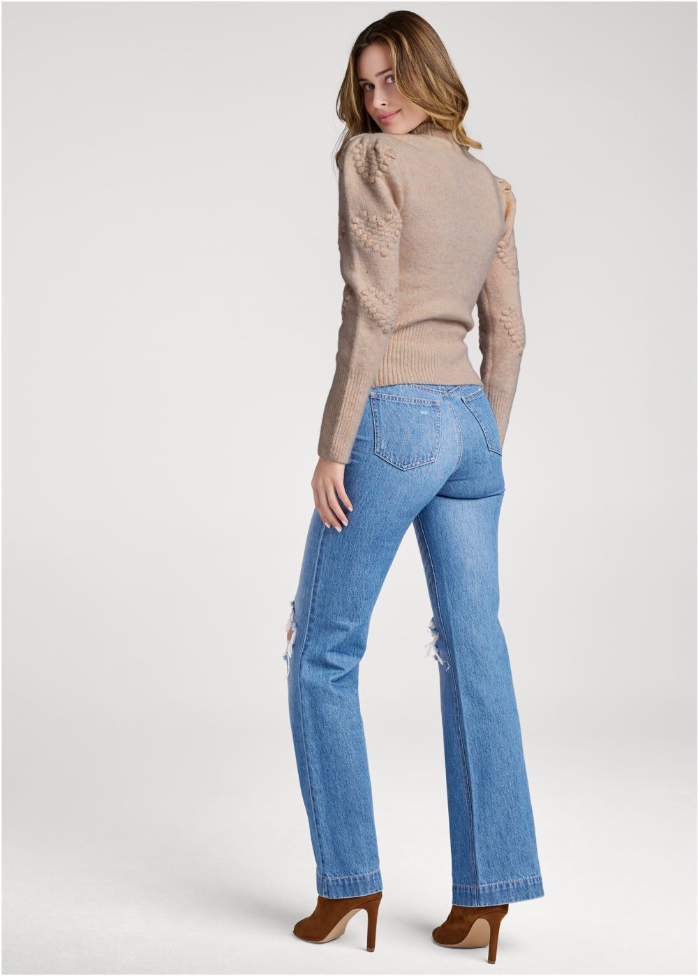 Venus VENUS | Balloon Sleeve Mock Neck Sweater in Light Brown