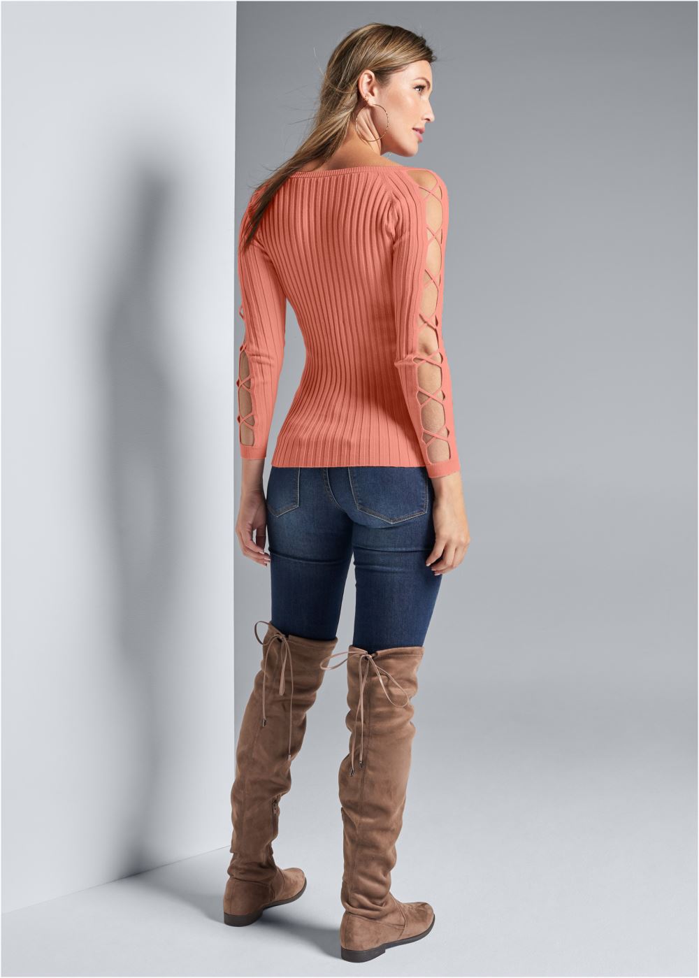 Venus VENUS | Sleeve Detail Sweater in Coral