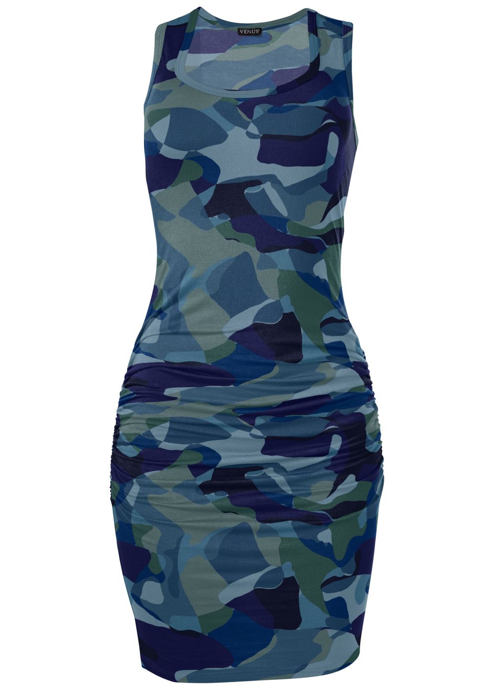 Venus Sleeveless Ruched Bodycon Midi Dress - Blue Multi
