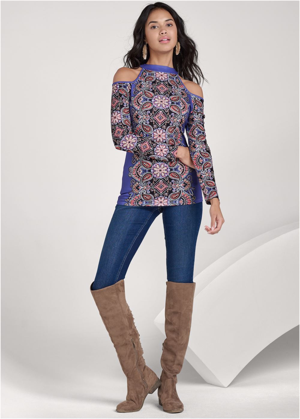 Venus Paisley Cold-Shoulder Top in Blue Multi