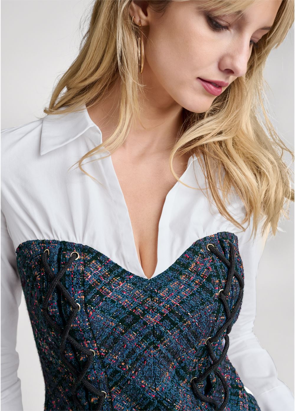 Venus Layered Tweed Bustier Top in Navy Multi