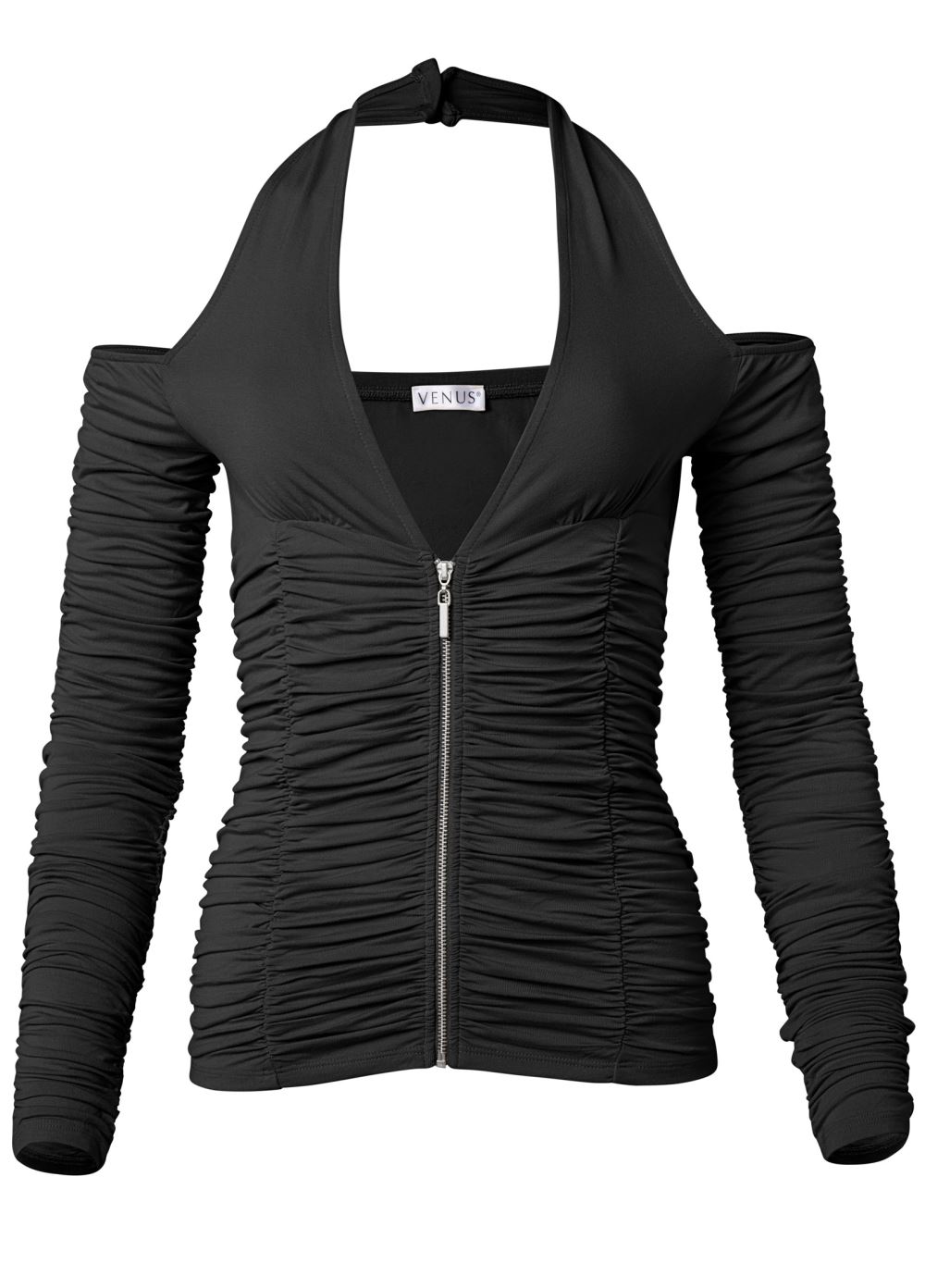 Venus Zip-Up Ruched V-Neck Top in Black