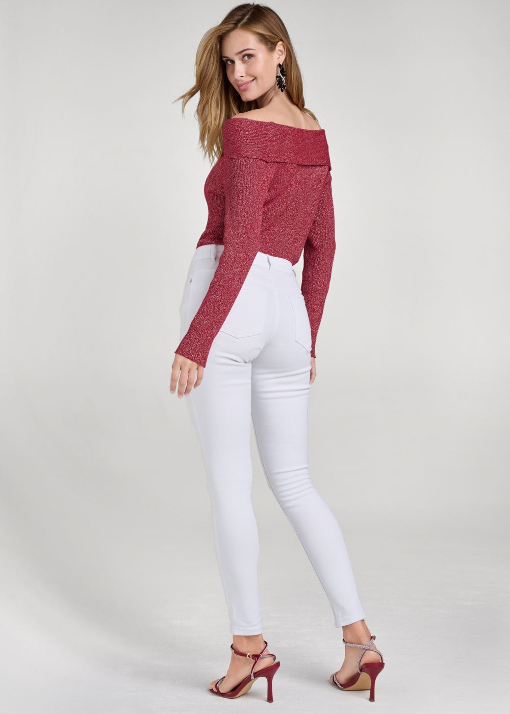 Venus VENUS | Off-The-Shoulder Shimmer Sweater in Red Multi