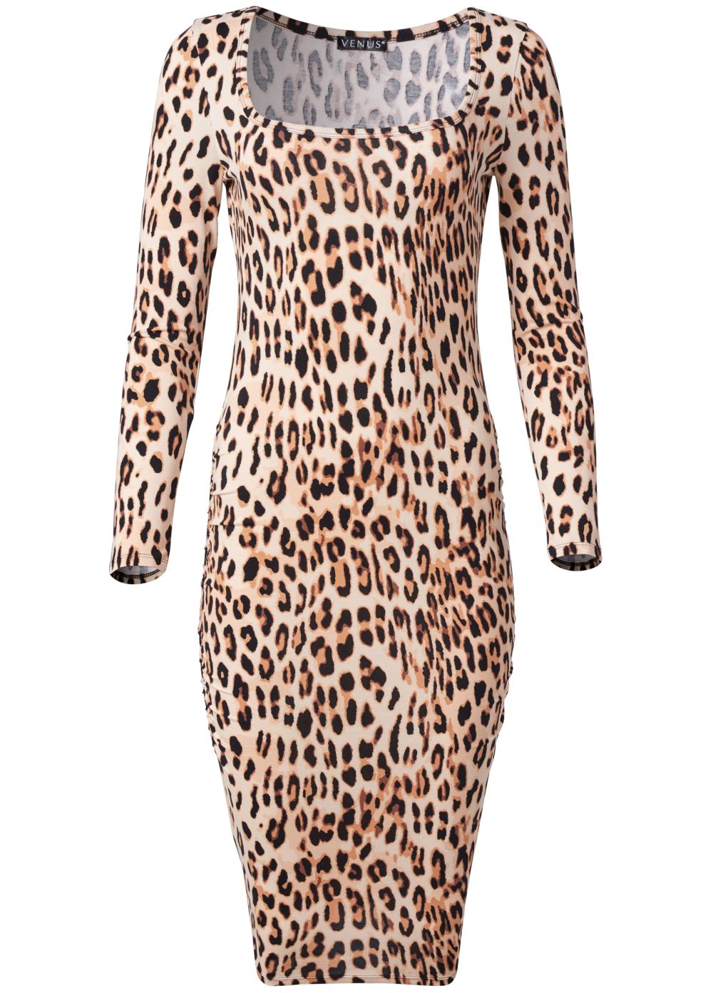 Venus Ruched Long Sleeve Dress - Brown Multi
