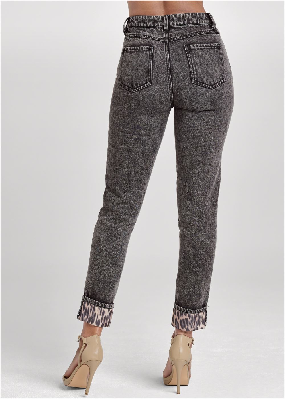 Venus New Vintage Leopard Cuff Straight Leg Jeans in Black Acid Wash