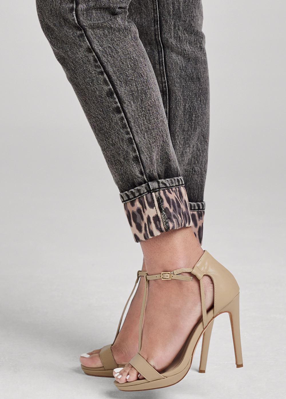 Venus New Vintage Leopard Cuff Straight Leg Jeans in Black Acid Wash