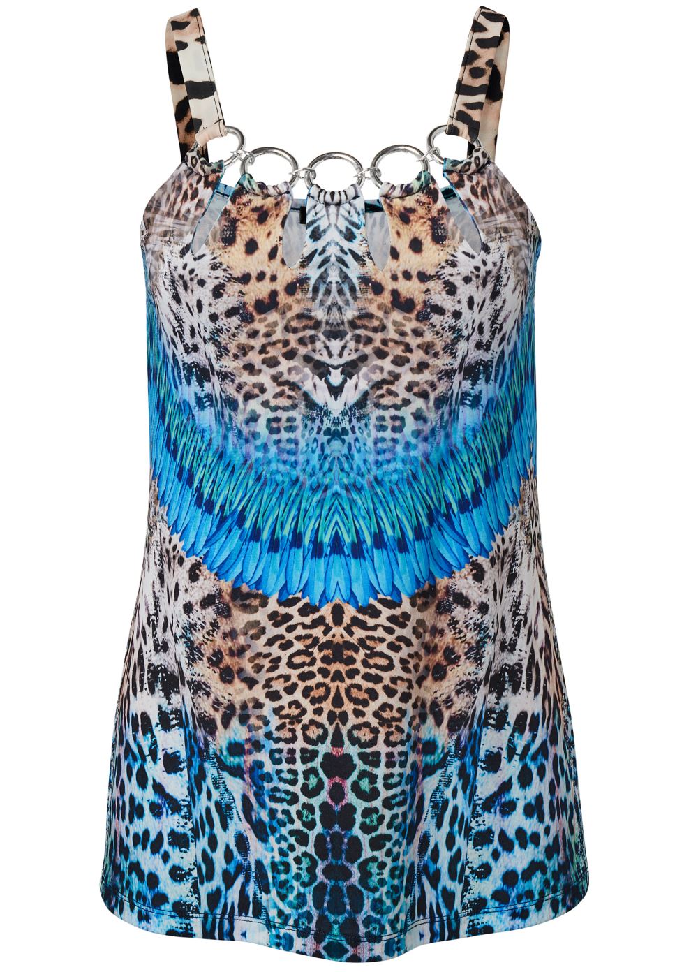 Venus Vibrant Abstract Cheetah Ring Detail Top in Blue Multi