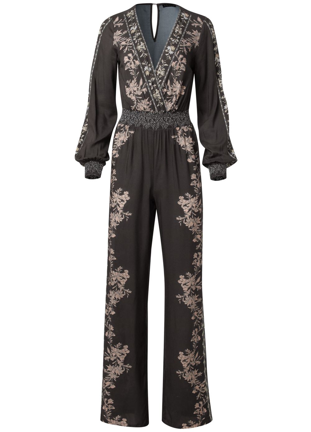 Venus Leaf Print Smocked Jumpsuit in Black Multi