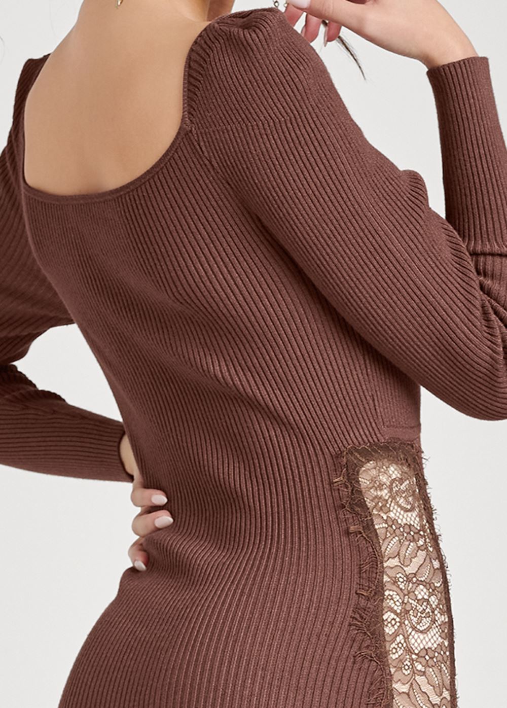 Venus Lace Detail Sweater Dress - Brown