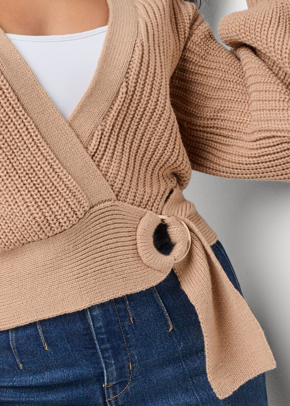 Venus VENUS | Wrap Balloon Sleeve Sweater in Light Brown