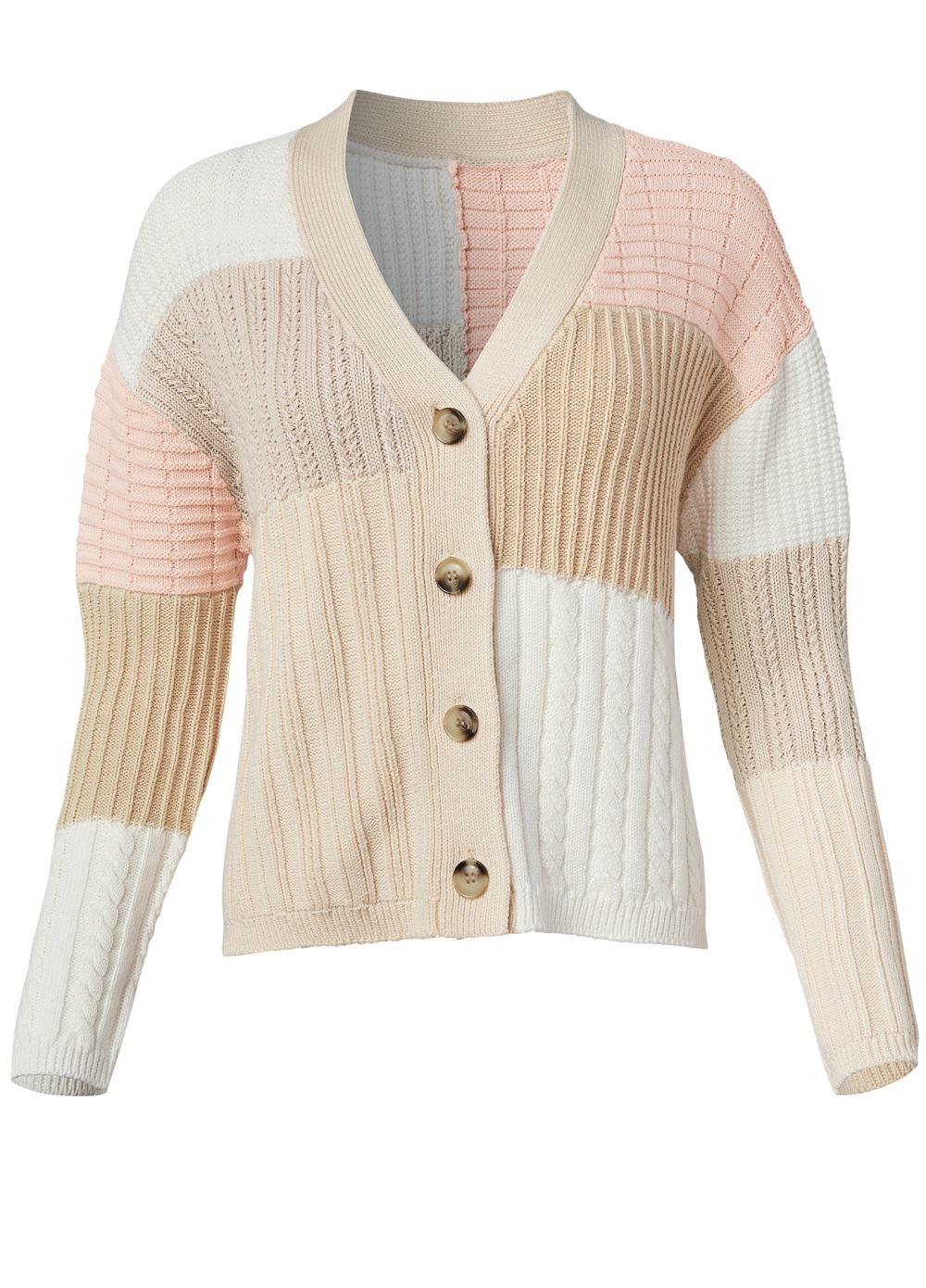 Venus VENUS | Patchwork Cable Knit Cardigan in Cream Multi