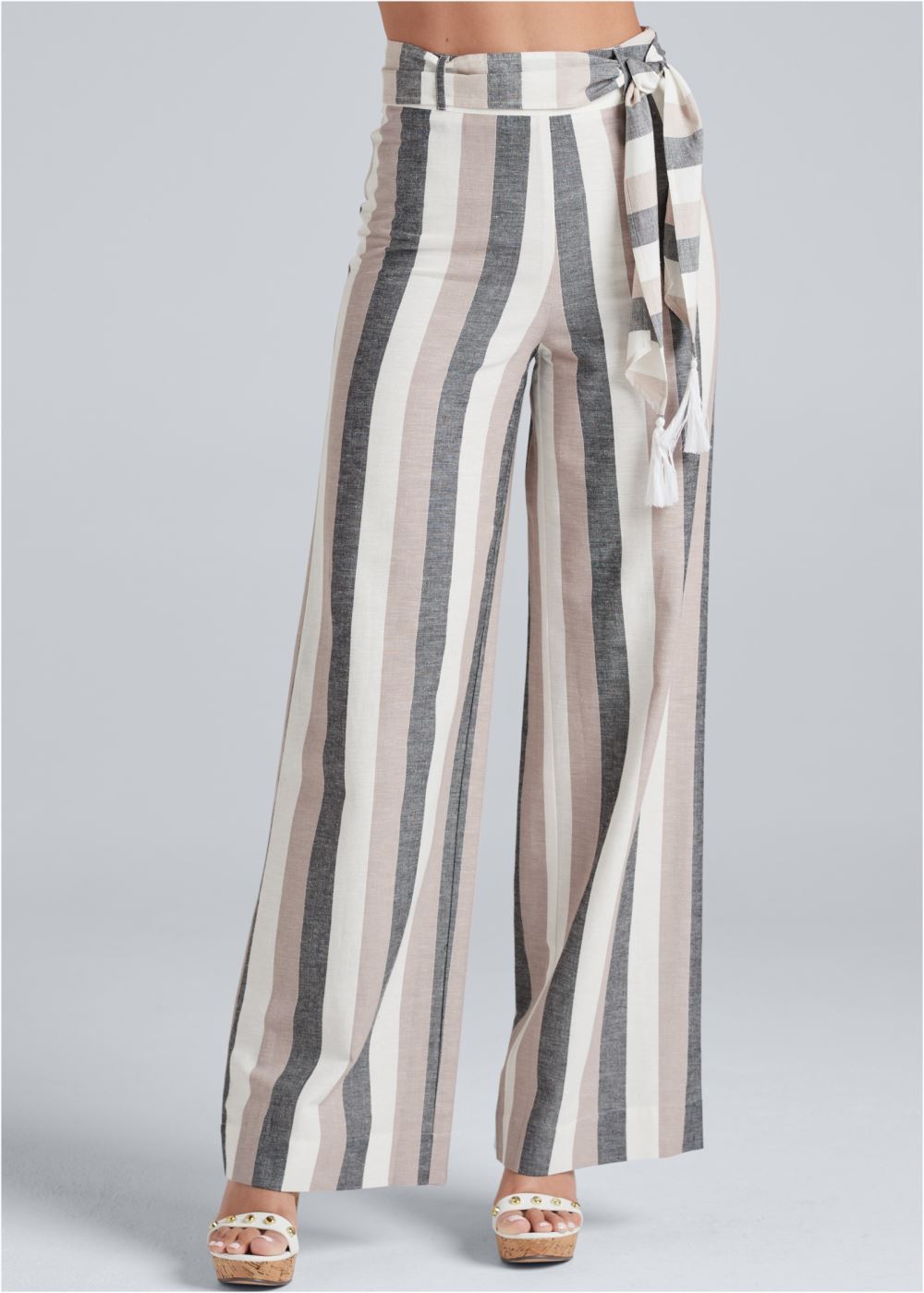 Venus White Multi Striped Wide Leg Linen Pants With Self Belt
