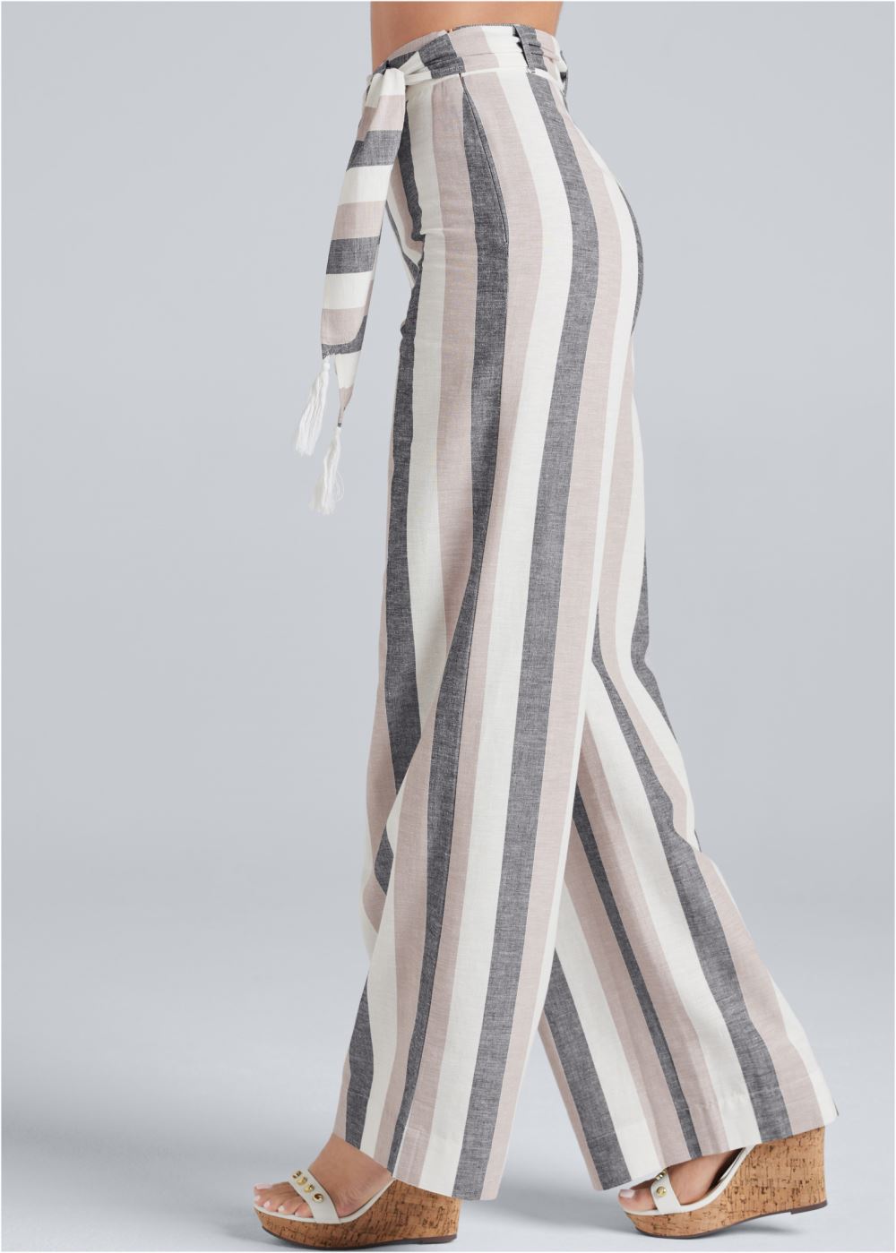 Venus White Multi Striped Wide Leg Linen Pants With Self Belt