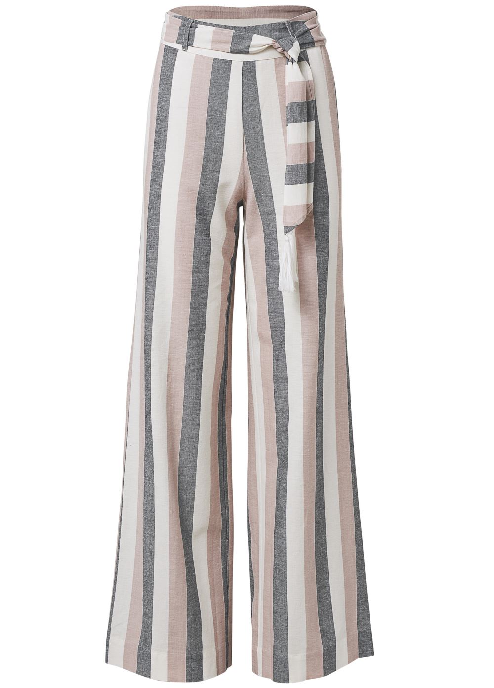 Venus White Multi Striped Wide Leg Linen Pants With Self Belt
