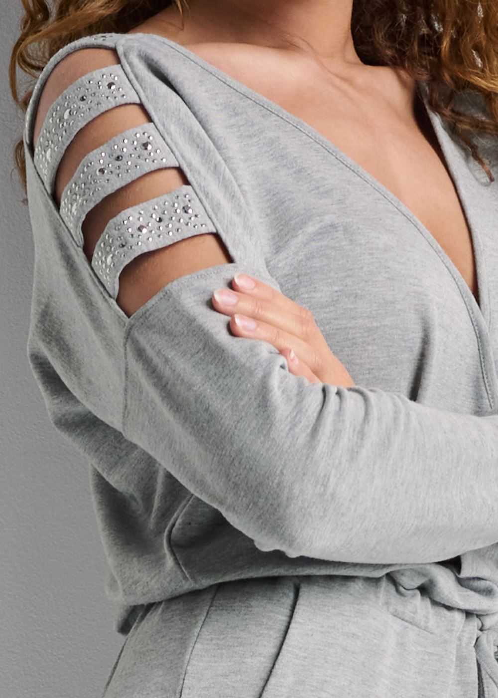 Venus Embellished Sleeve Jumpsuit in Heather Grey