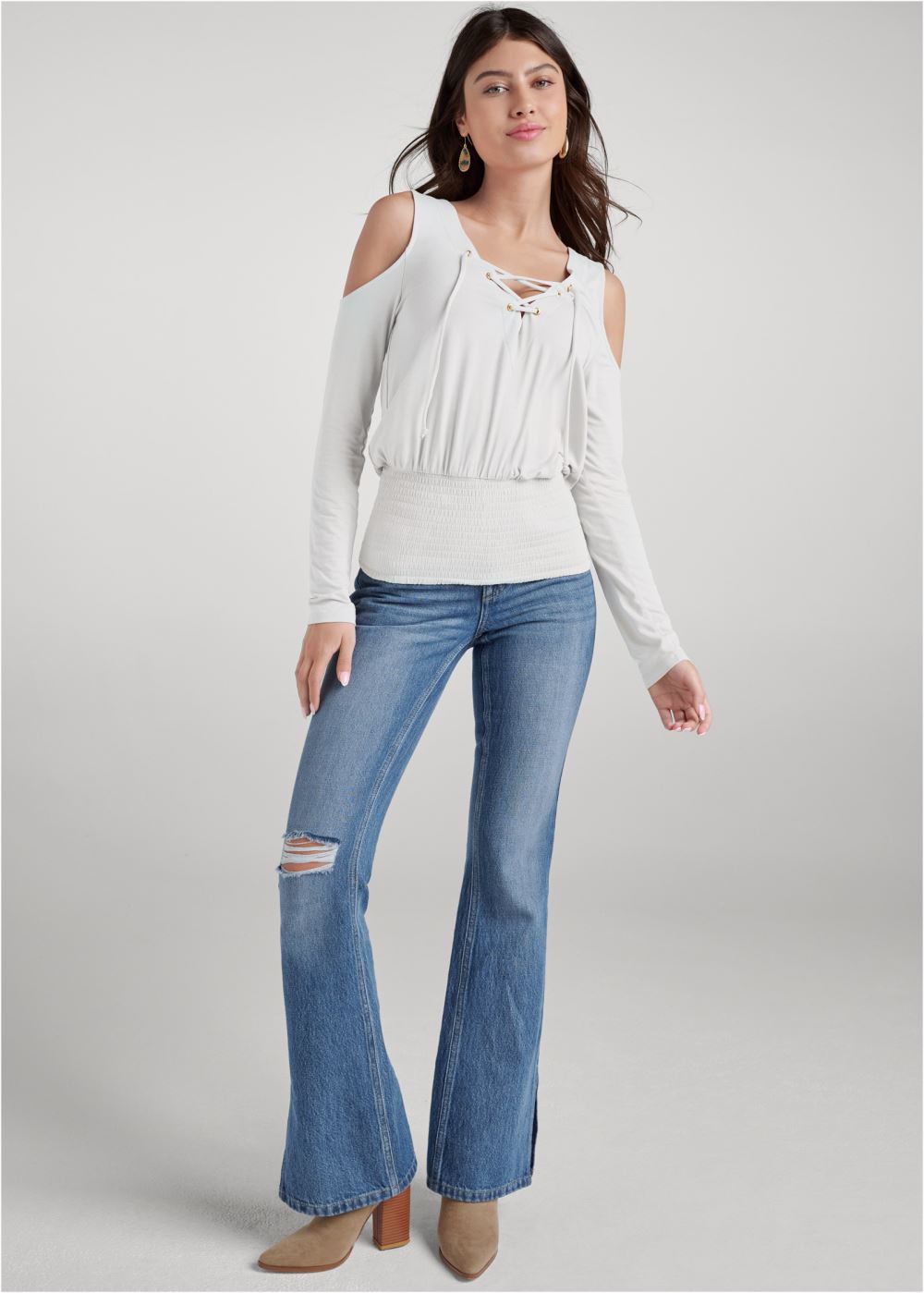 Venus Lace Up Cold Shoulder Top in Off White