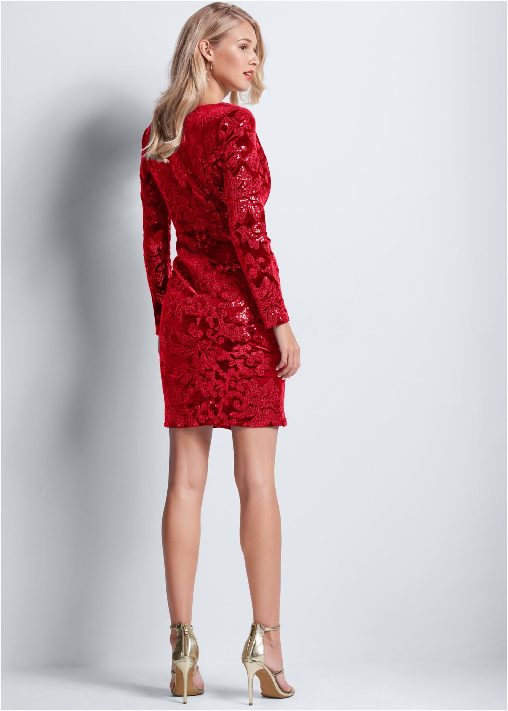 Venus Sequin Velvet Detail Dress - Red