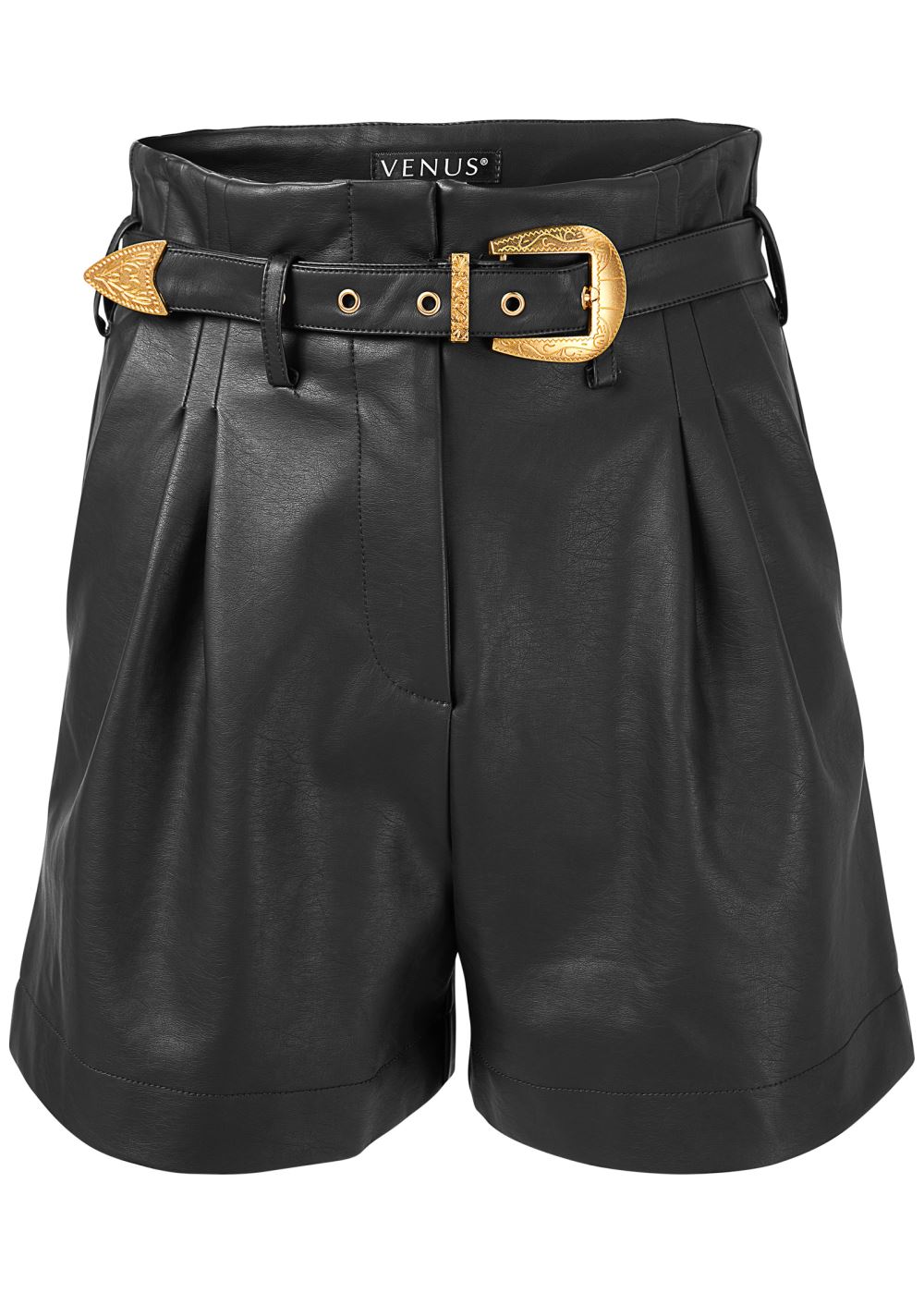 Venus Belted Faux-Leather Shorts - Black