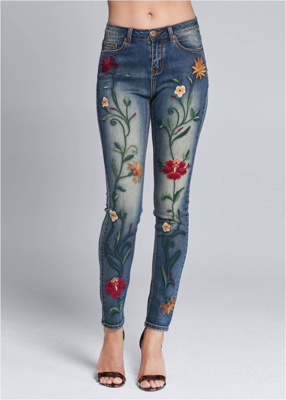 Venus Floral Embroidered Skinny Jeans in Medium Wash